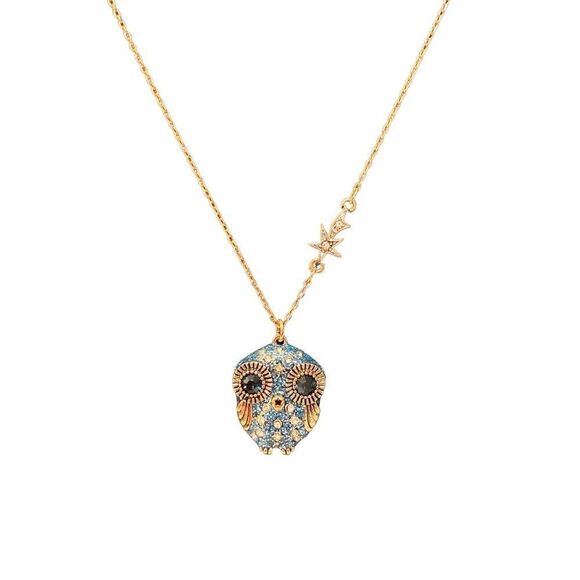 Betsey Johnson Sparkly Blue Crystal & Gold Toned Owl Pendant. - Picture 2 of 7